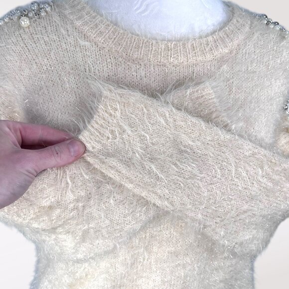 Pearl Beaded Fuzzy Sweater Y2K Soft Knit Glam Pullover Top Small - Picture 7 of 9